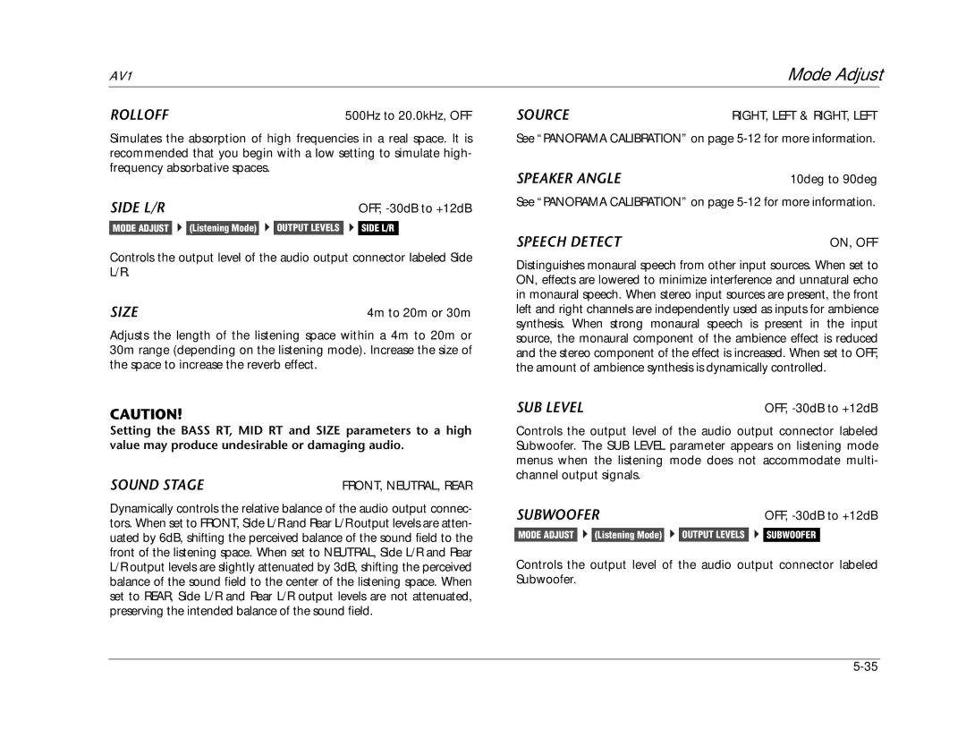 JBL AV1 manual Rolloff, Size, Sound Stage, Speech Detect, SUB Level 