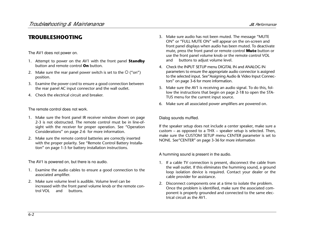 JBL AV1 manual Troubleshooting 