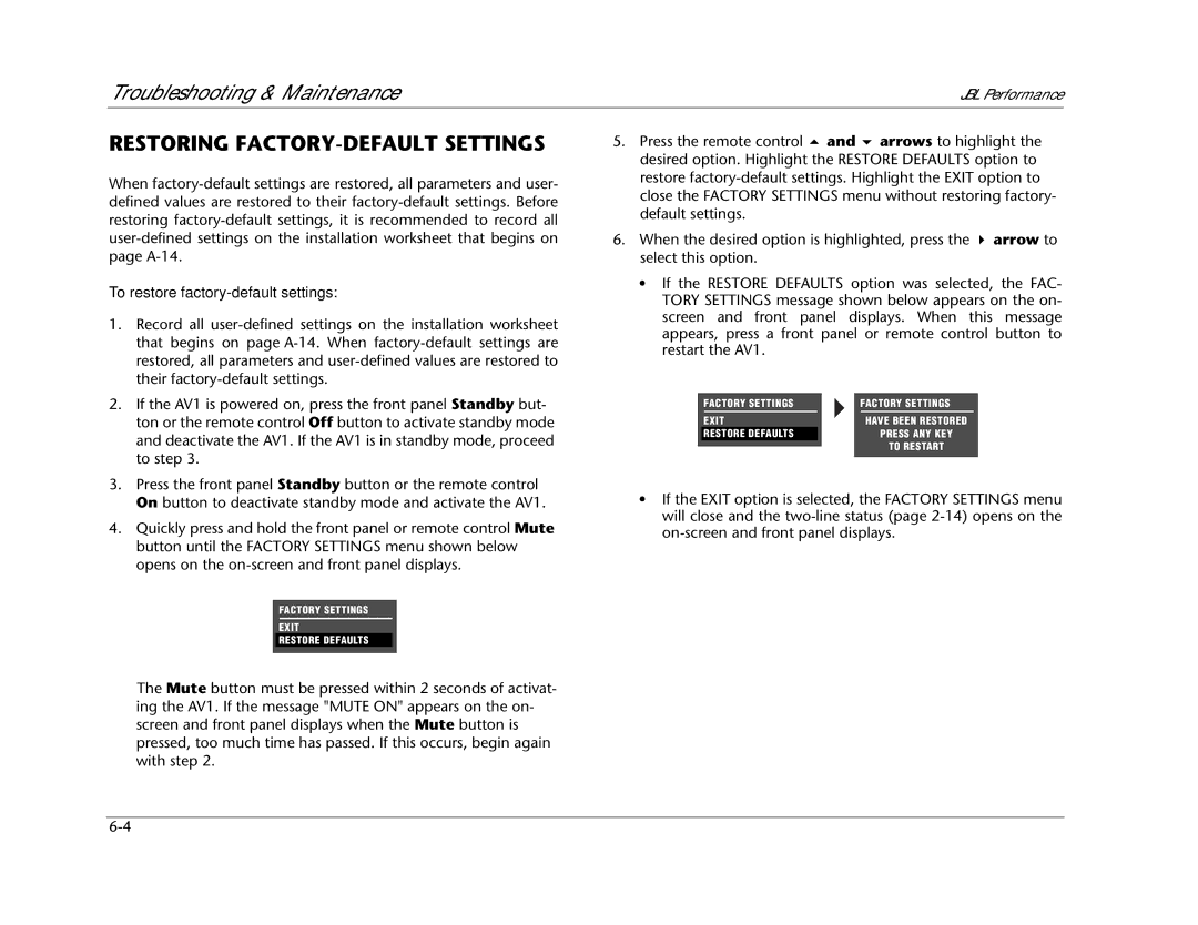 JBL AV1 manual Restoring FACTORY-DEFAULT Settings, To restore factory-default settings 