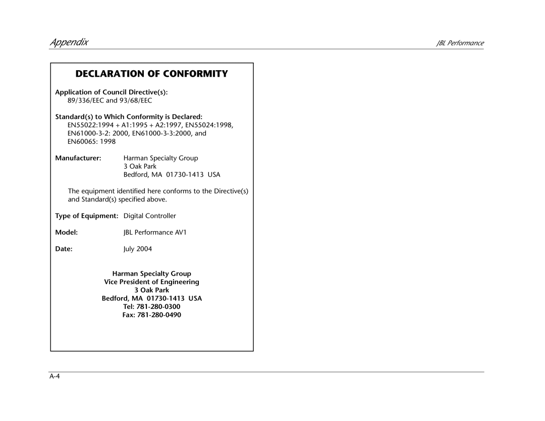 JBL AV1 manual Declaration of Conformity 