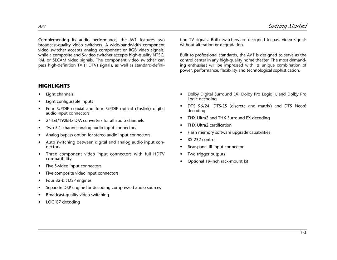 JBL AV1 manual Getting Started, Highlights 