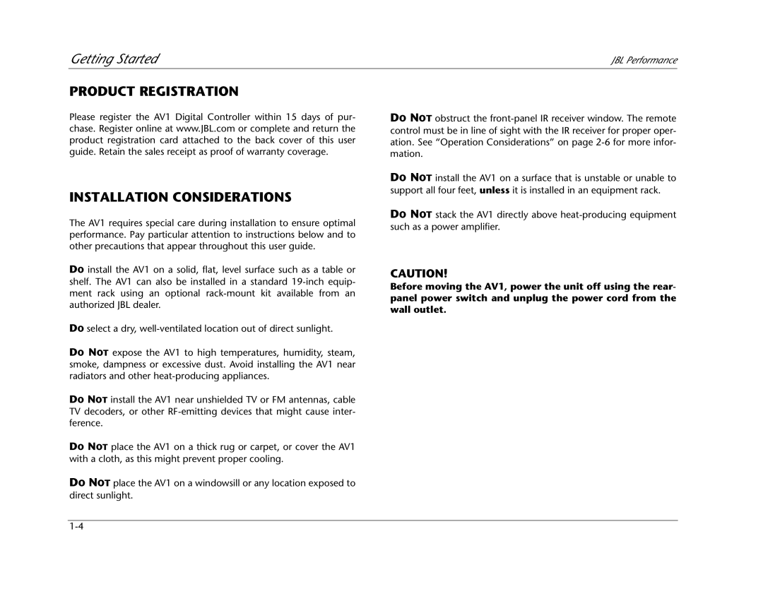 JBL AV1 manual Product Registration Installation Considerations 