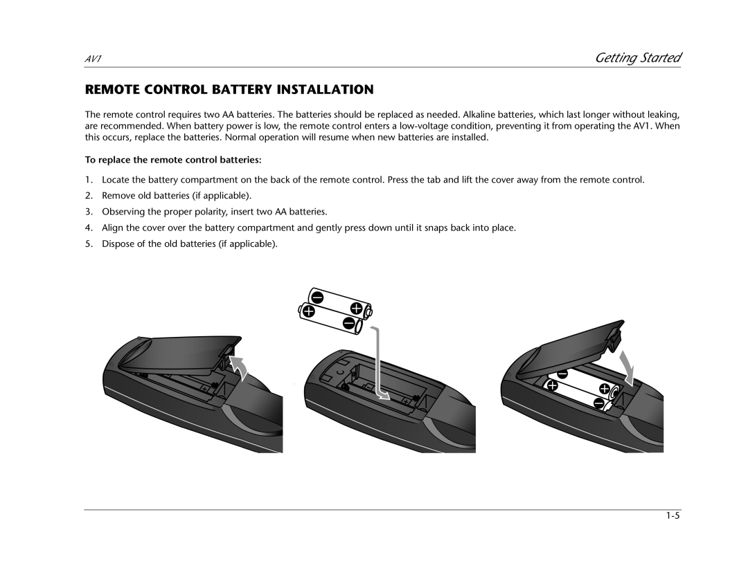 JBL AV1 manual Remote Control Battery Installation, To replace the remote control batteries 