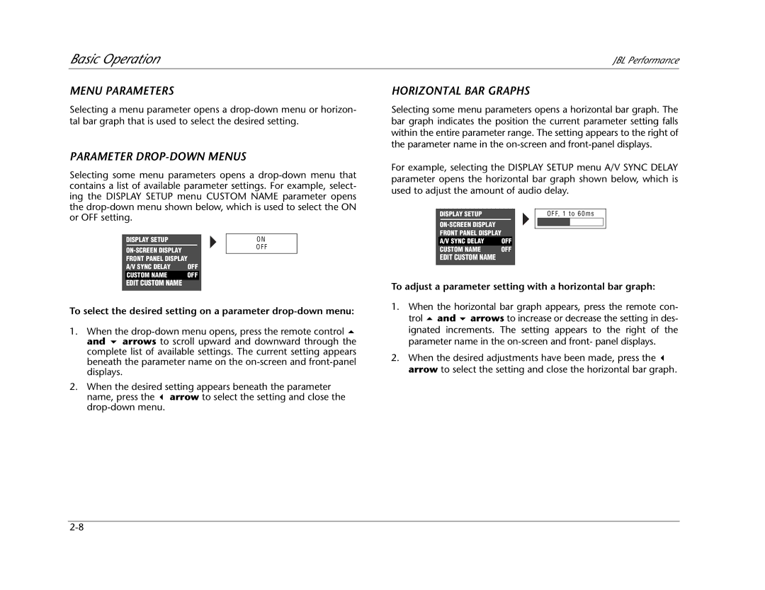 JBL AV1 manual Menu Parameters, Parameter DROP-DOWN Menus, Horizontal BAR Graphs 