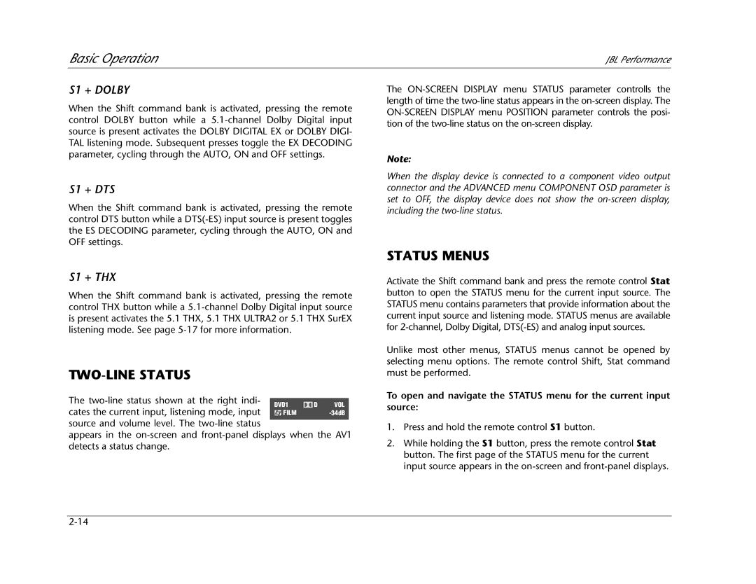 JBL AV1 manual TWO-LINE Status, Status Menus, S1 + Dolby, S1 + DTS, S1 + THX 