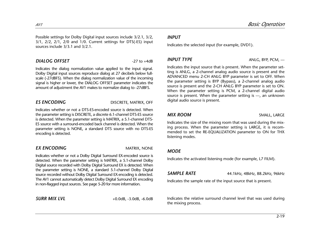 JBL AV1 manual Dialog Offset, ES Encoding, EX Encoding, Surr MIX LVL, Input Type, MIX Room, Mode, Sample Rate 