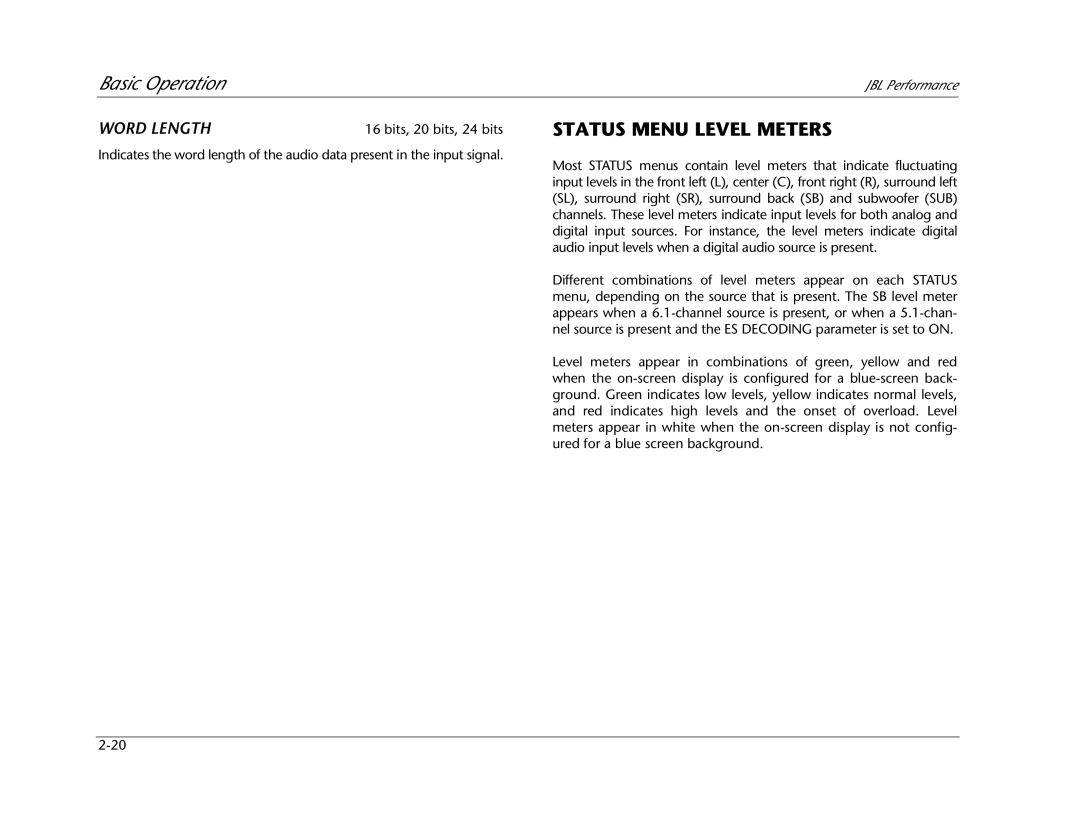 JBL AV1 manual Status Menu Level Meters 