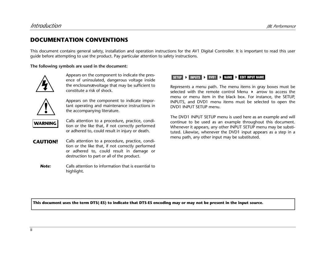 JBL AV1 manual Documentation Conventions, Following symbols are used in the document 