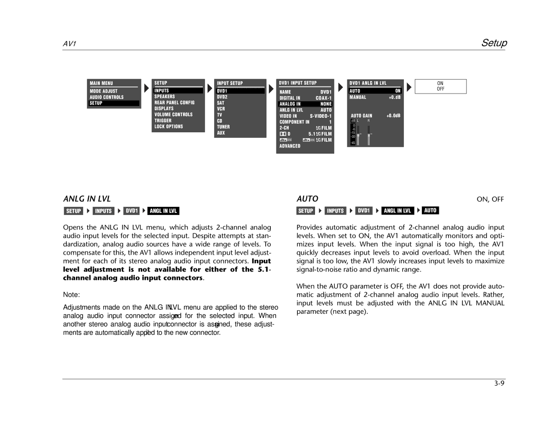 JBL AV1 manual Anlg in LVL, Auto 