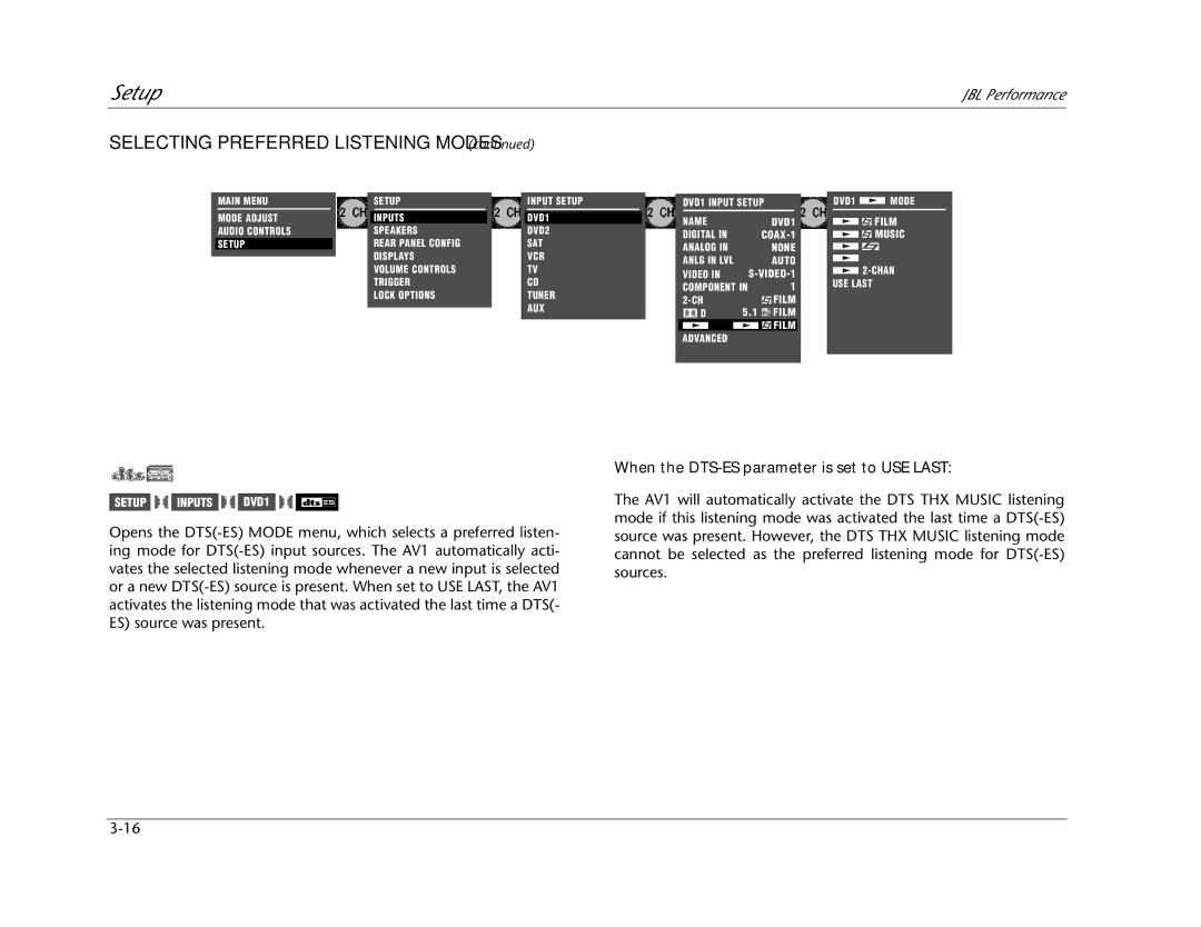 JBL AV1 manual When the DTS-ES parameter is set to USE Last 