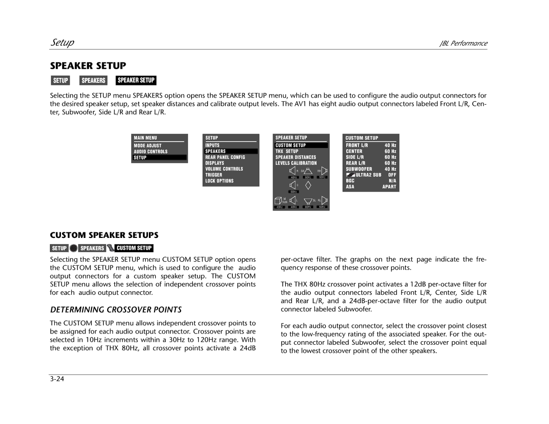 JBL AV1 manual Custom Speaker Setups, Determining Crossover Points 