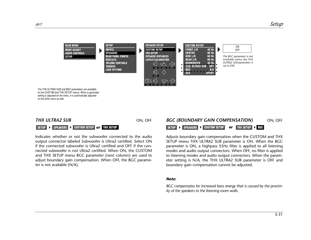 JBL AV1 manual THX ULTRA2 SUB, BGC Boundary Gain Compensation 