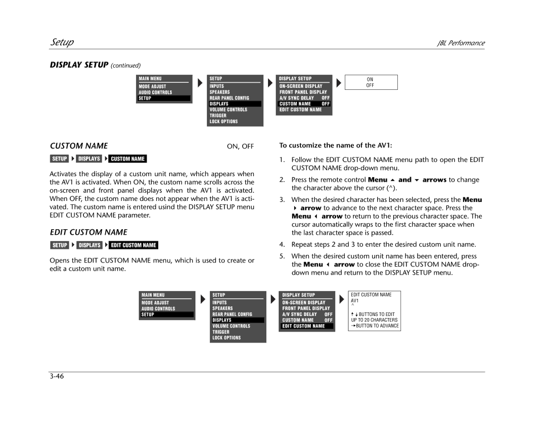 JBL manual Display Setup, Edit Custom Name, To customize the name of the AV1 