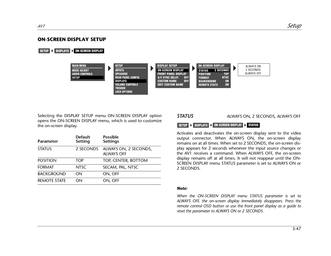 JBL AV1 manual ON-SCREEN Display Setup, Setup Displays ON-SCREEN Display 