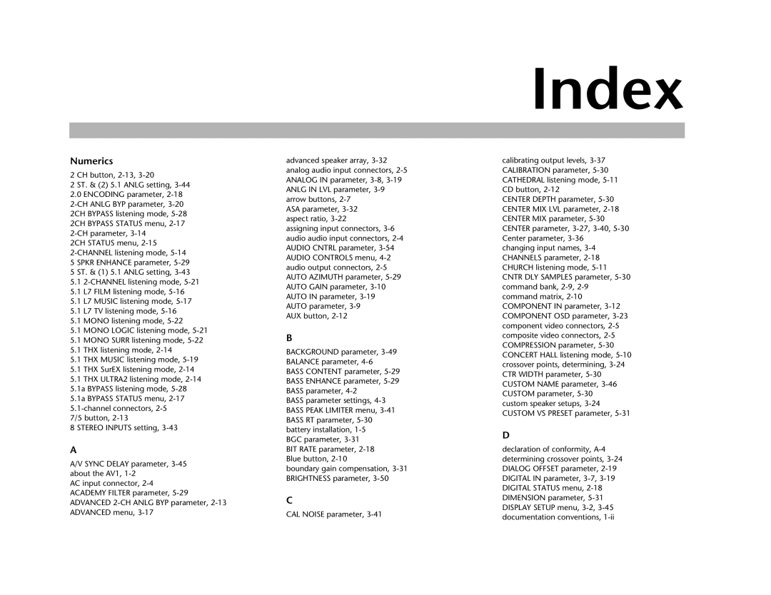 JBL AV1 manual Index, Numerics 