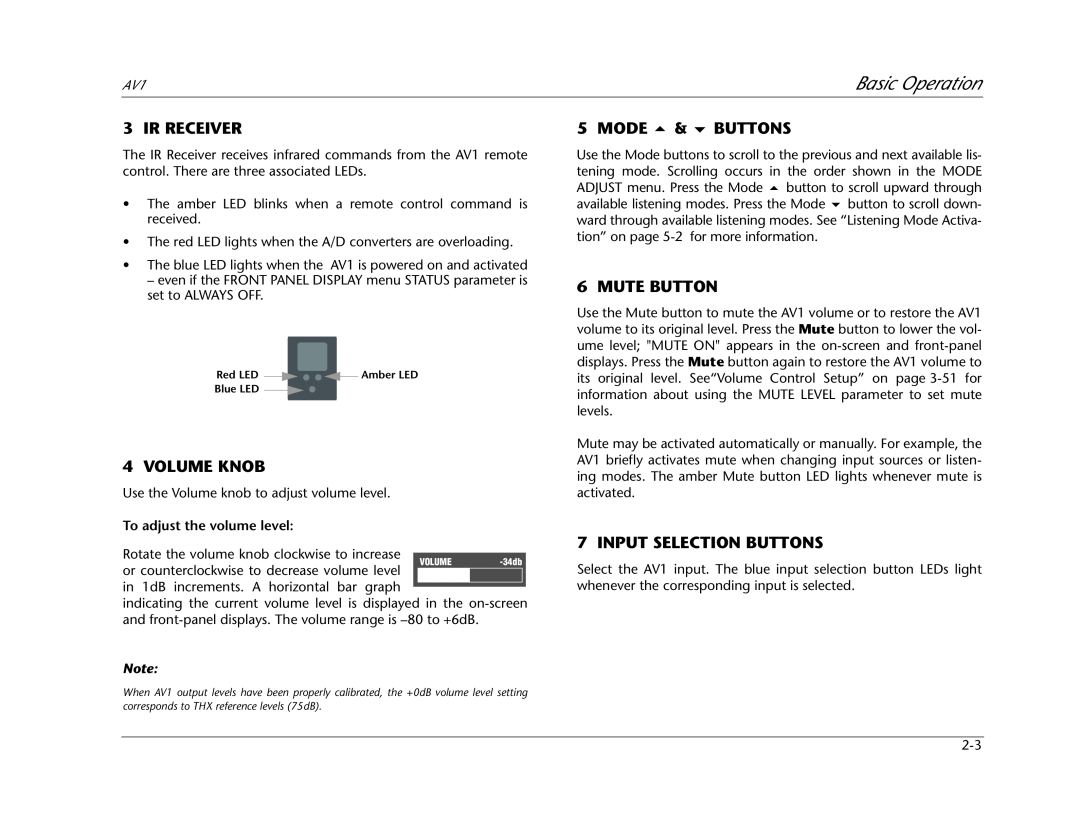JBL AV1 manual Basic Operation, Ir Receiver, Volume Knob, Mode & Buttons, Mute Button, Input Selection Buttons 