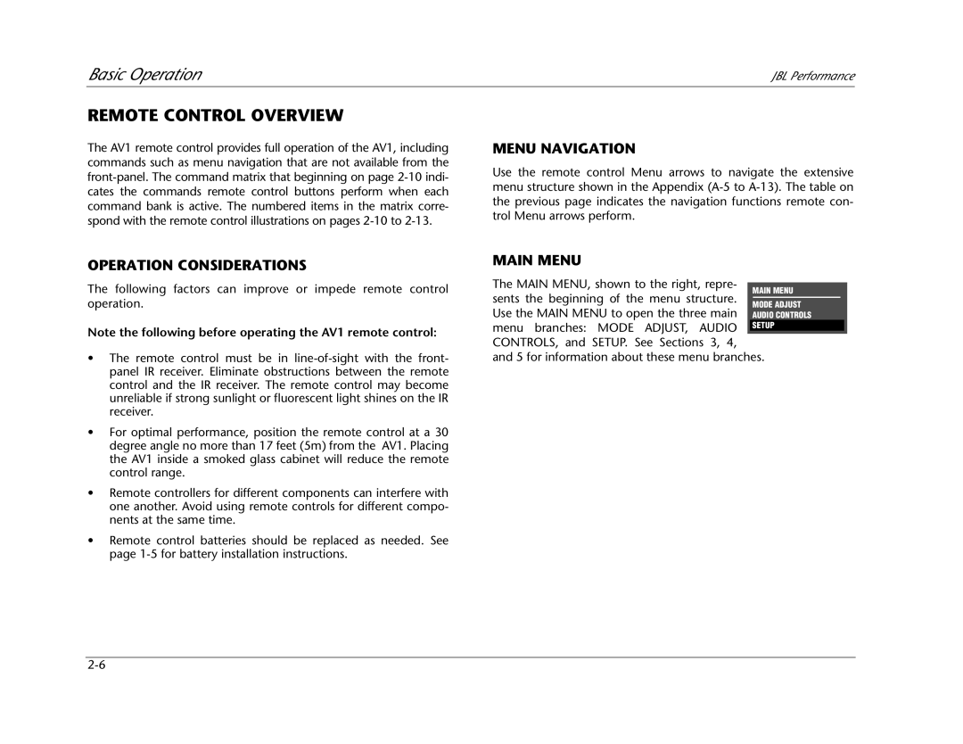JBL AV1 manual Remote Control Overview, Menu Navigation, Operation Considerations, Main Menu, Basic Operation 