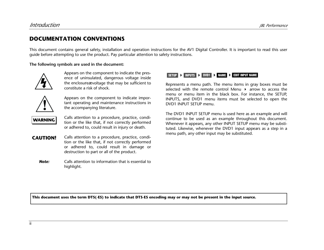 JBL AV1 manual Introduction, Documentation Conventions, The following symbols are used in the document 