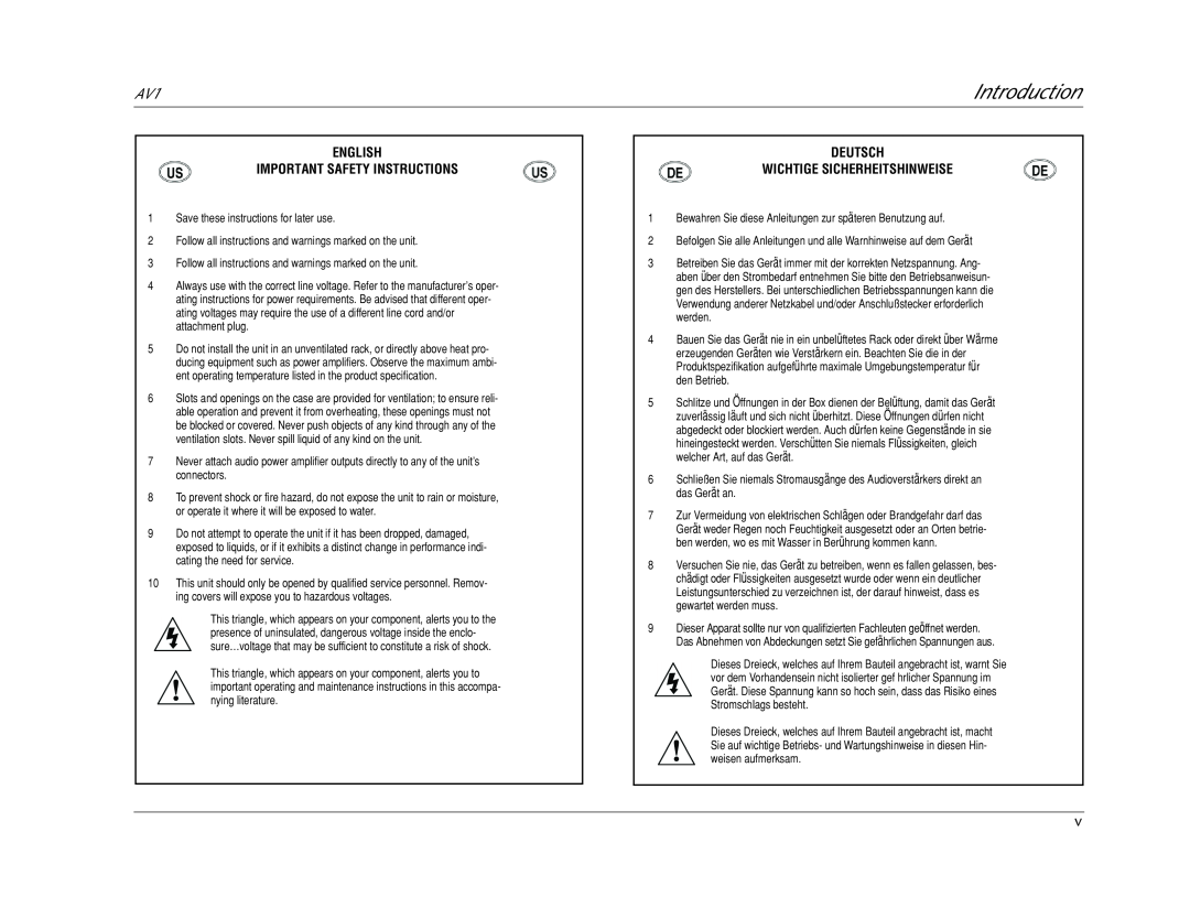 JBL AV1 manual Introduction, English Important Safety Instructions, Deutsch Wichtige Sicherheitshinweise 