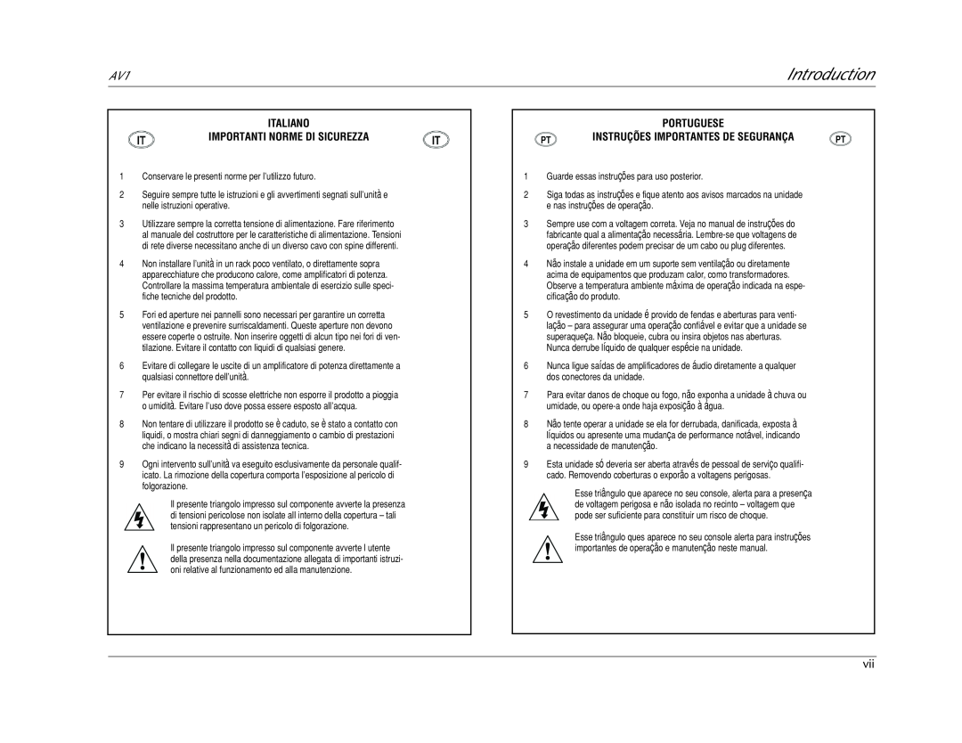 JBL AV1 manual Introduction, Italiano Importanti Norme Di Sicurezza, Portuguese Instruções Importantes De Segurança 