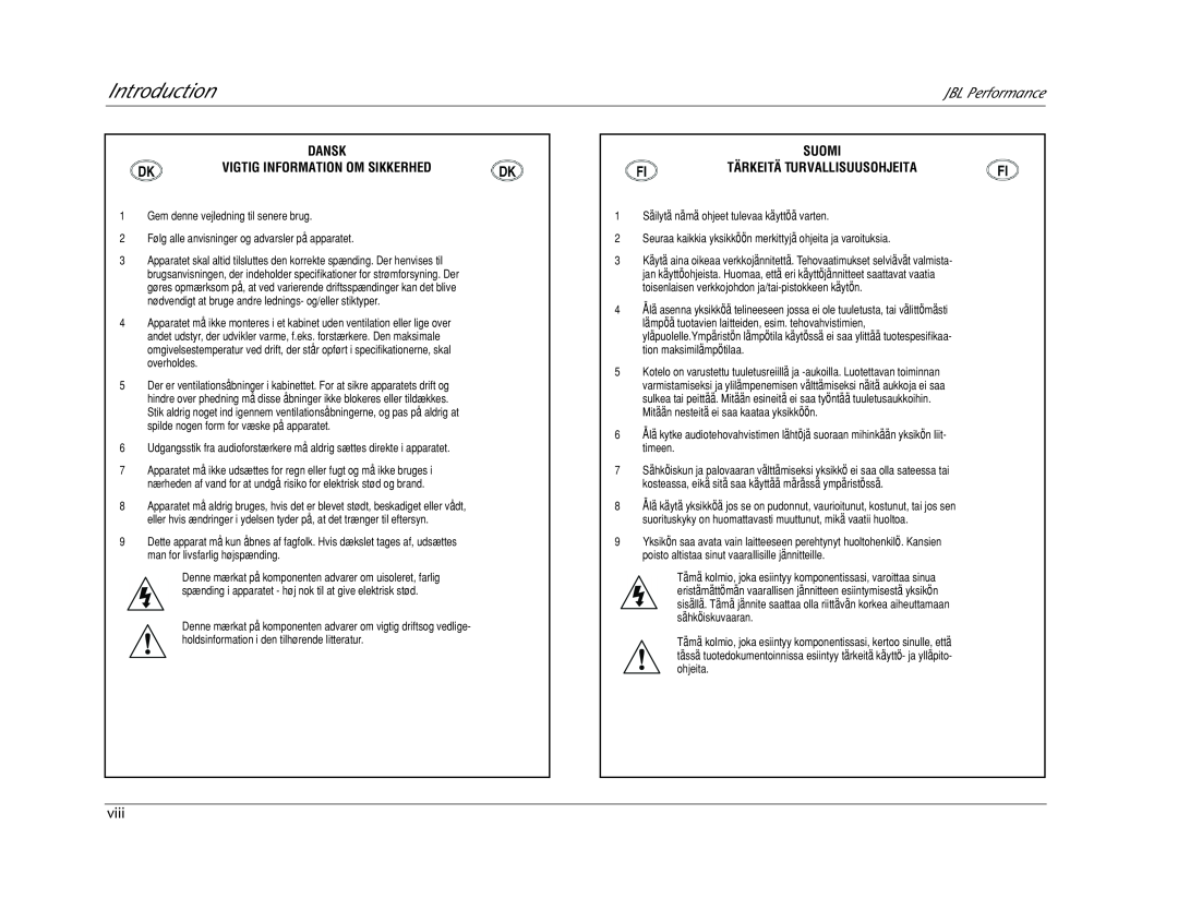 JBL AV1 manual Introduction, Dansk Vigtig Information Om Sikkerhed, Suomi Tärkeitä Turvallisuusohjeita 