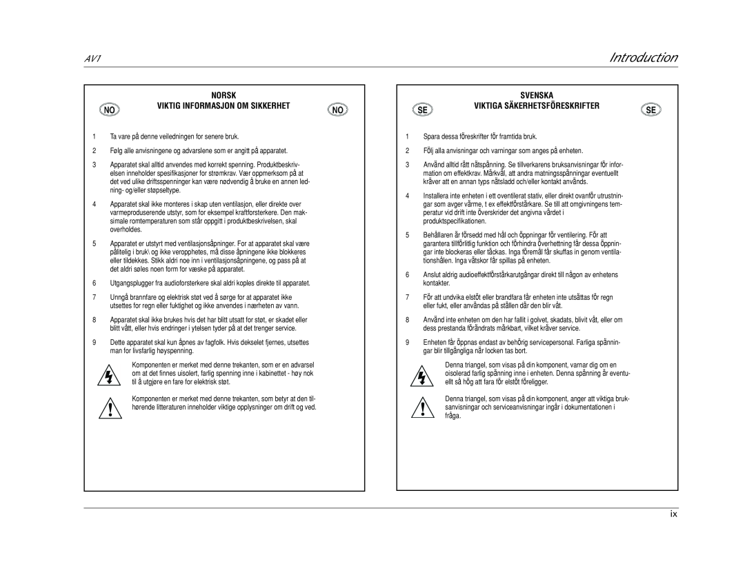 JBL AV1 manual Introduction, Norsk Viktig Informasjon Om Sikkerhet, Svenska Viktiga Säkerhetsföreskrifter 