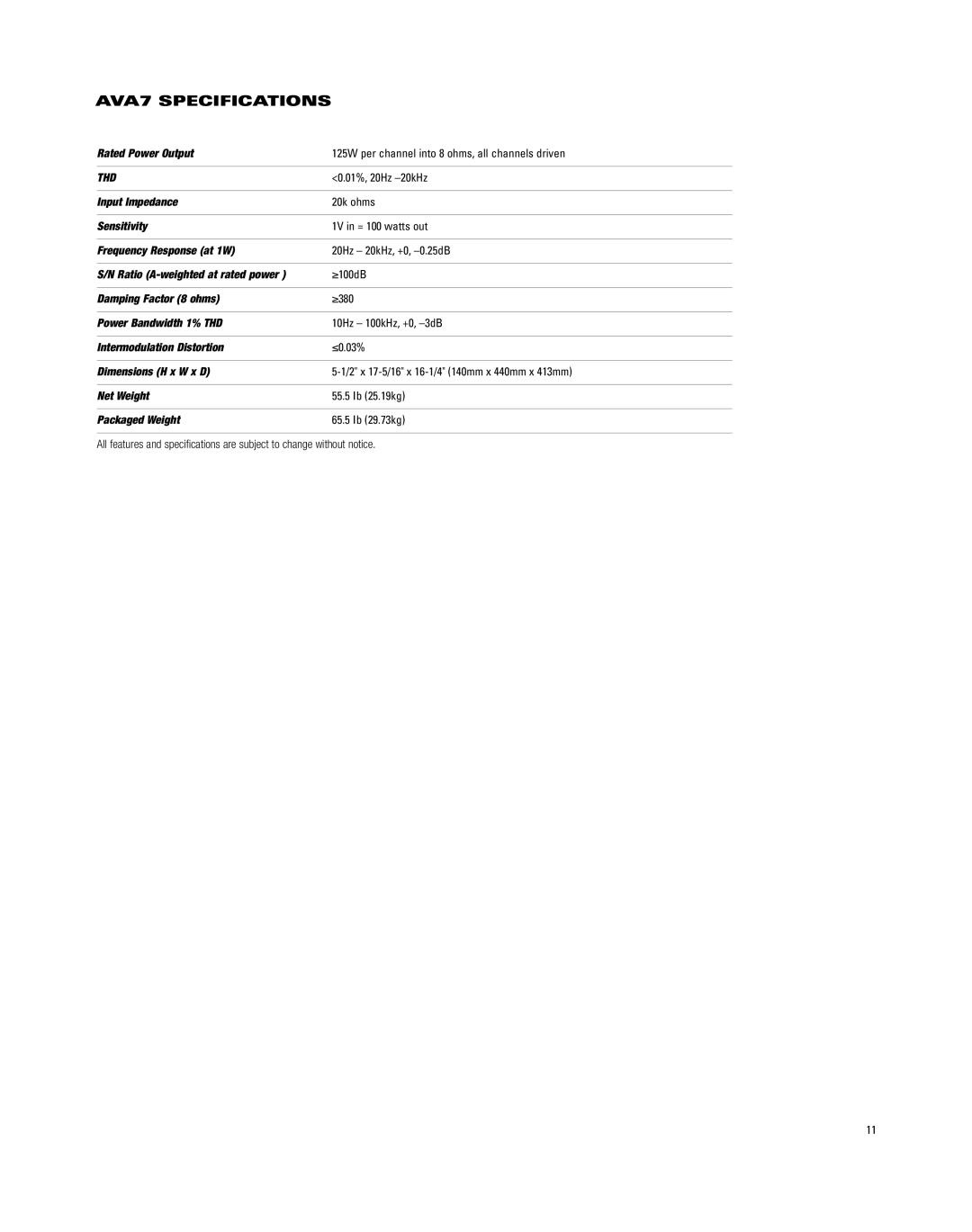 JBL manual AVA7 Specifications, Thd 