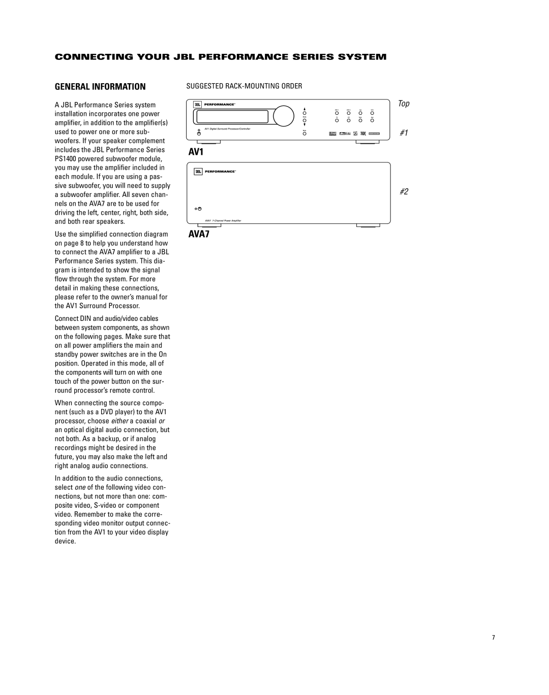 JBL AVA7 manual General Information, Connecting Your JBL Performance Series System 