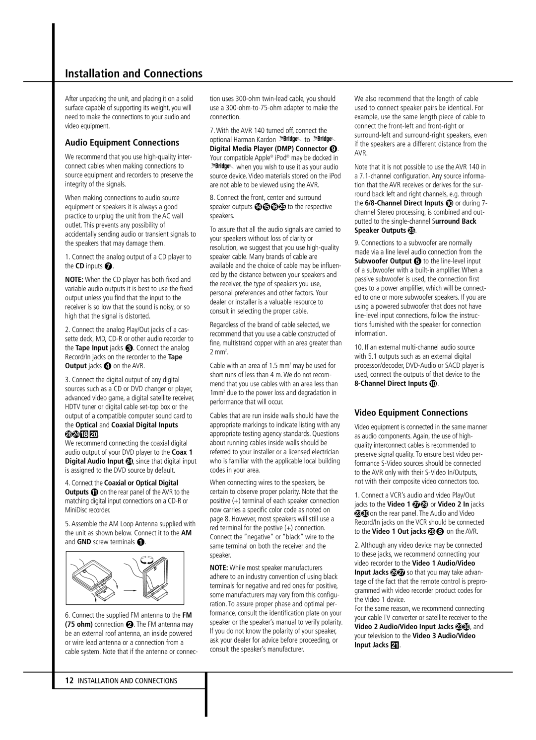 JBL AVR 140 owner manual Installation and Connections, Audio Equipment Connections, Video Equipment Connections 