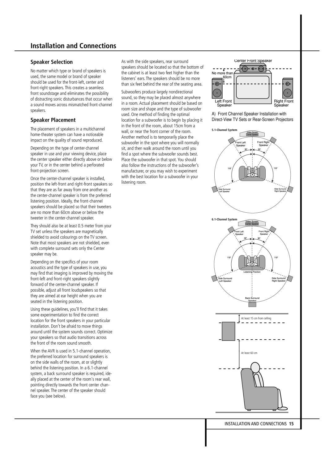 JBL AVR 140 owner manual Speaker Selection, Speaker Placement 