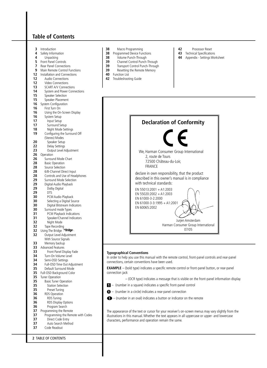 JBL AVR 140 owner manual Table of Contents, Declaration of Conformity 