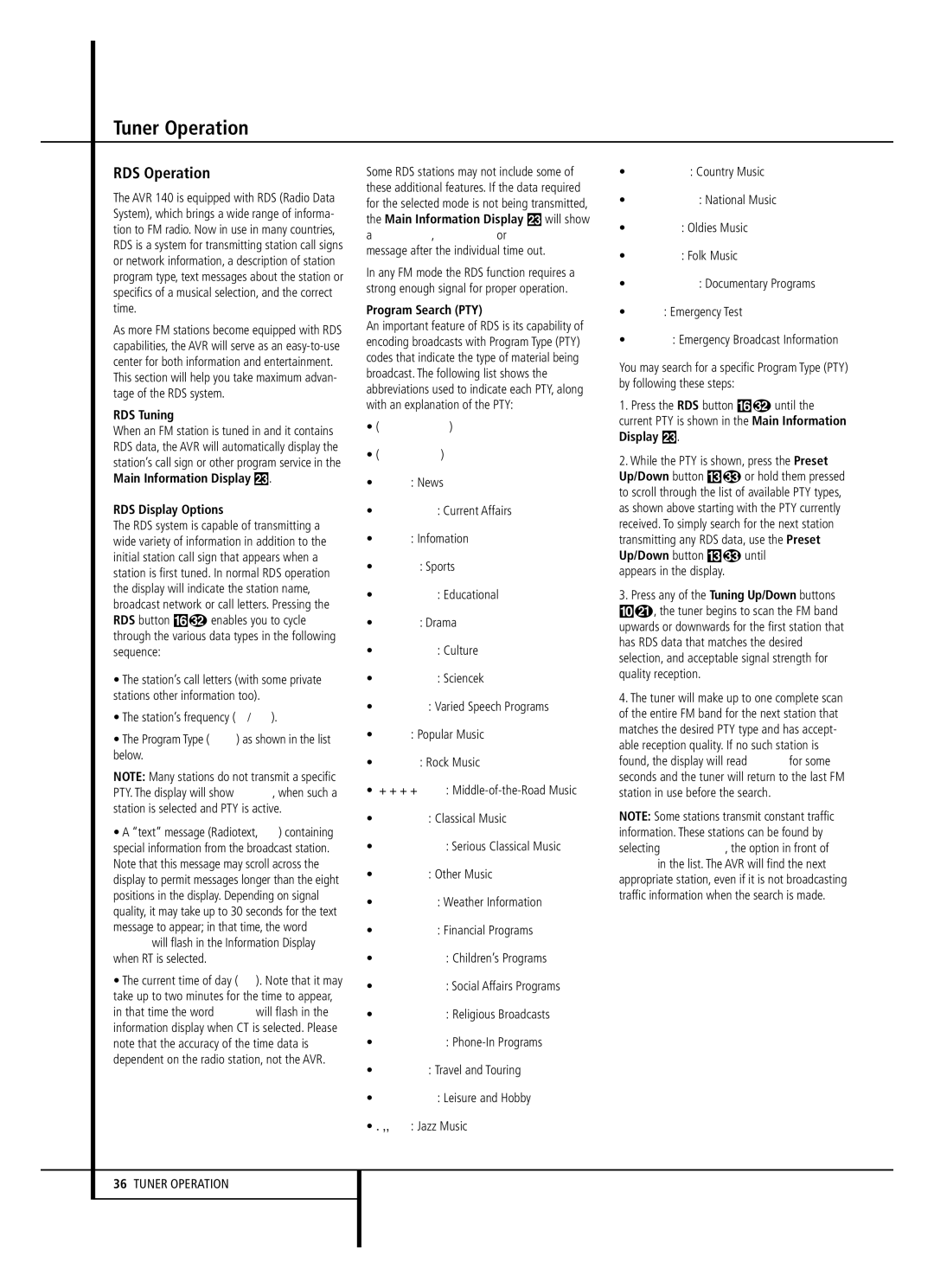 JBL AVR 140 owner manual RDS Operation, RDS Tuning, RDS Display Options, Program Search PTY 