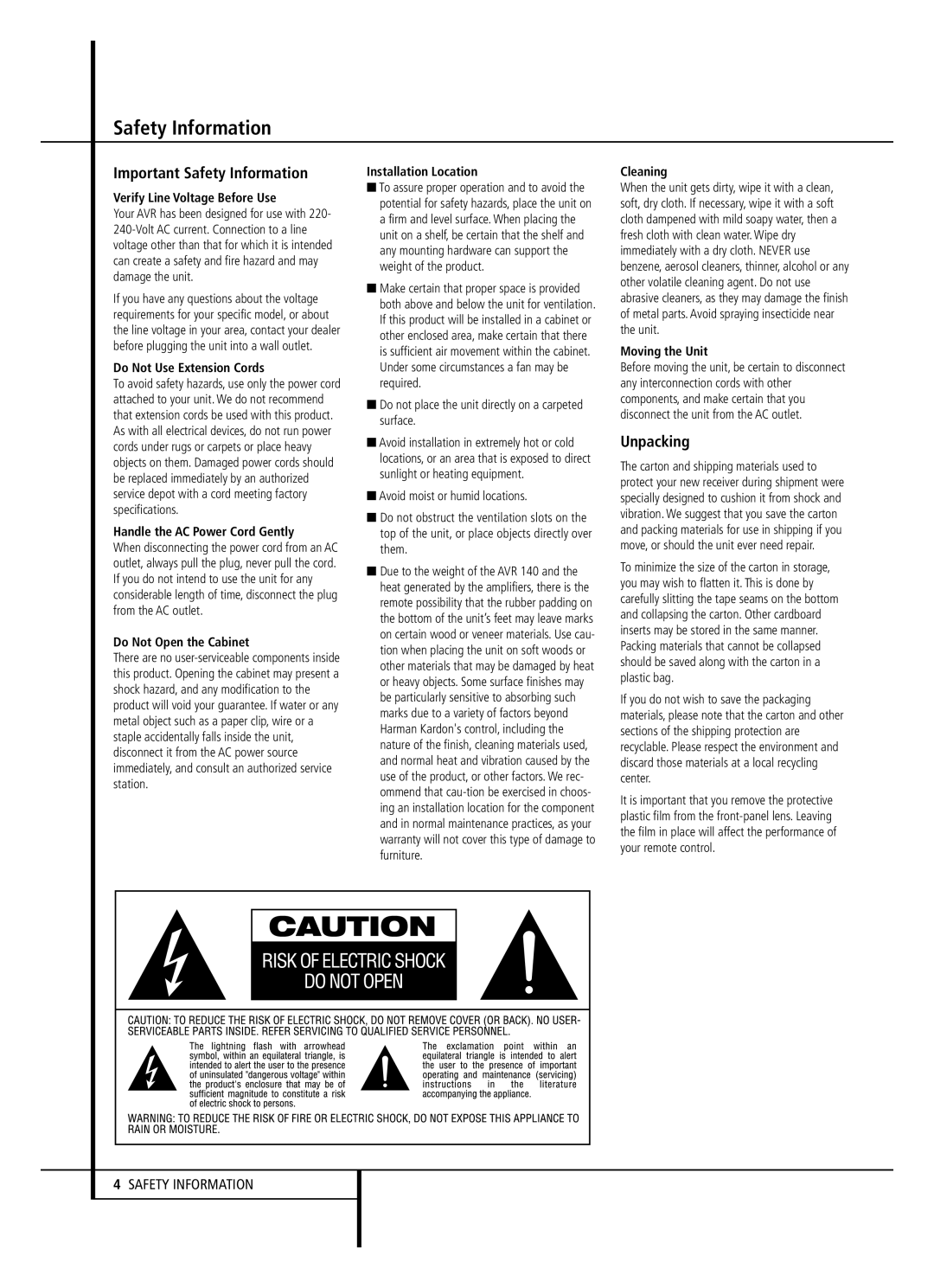 JBL AVR 140 owner manual Important Safety Information, Unpacking 