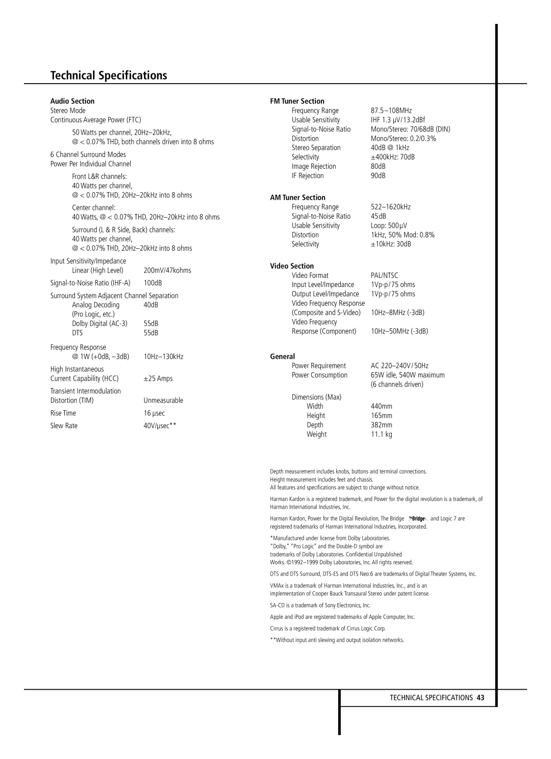 JBL AVR 140 owner manual Technical Specifications 