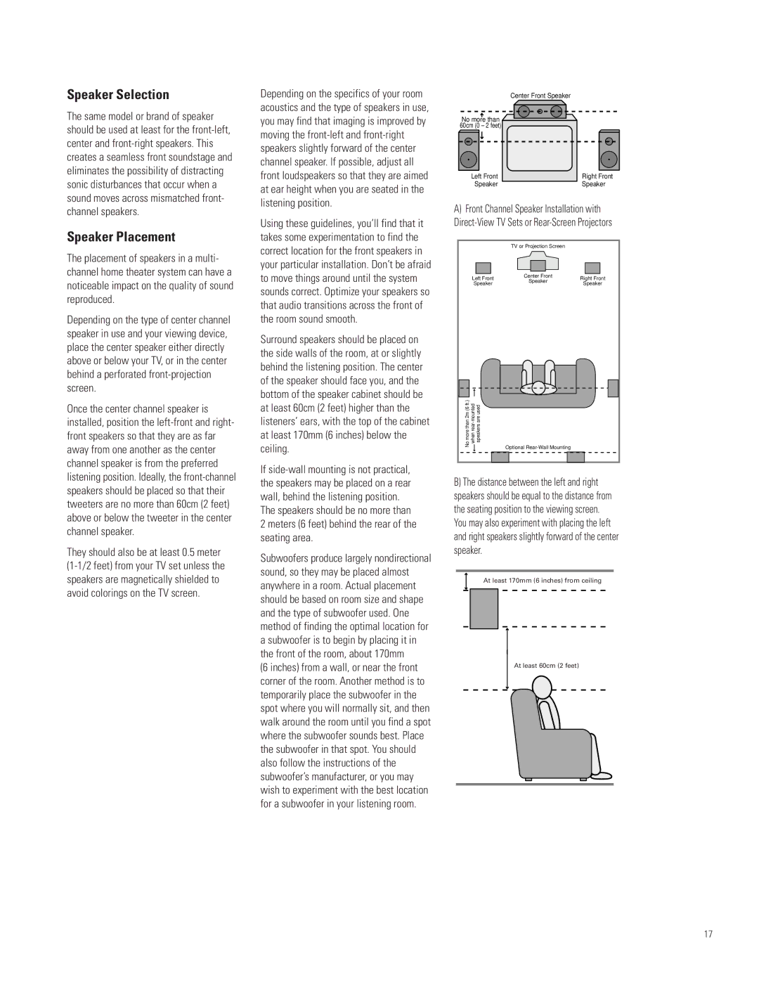 JBL AVR480 manual Speaker Selection, Speaker Placement, Meters 6 feet behind the rear of the seating area 