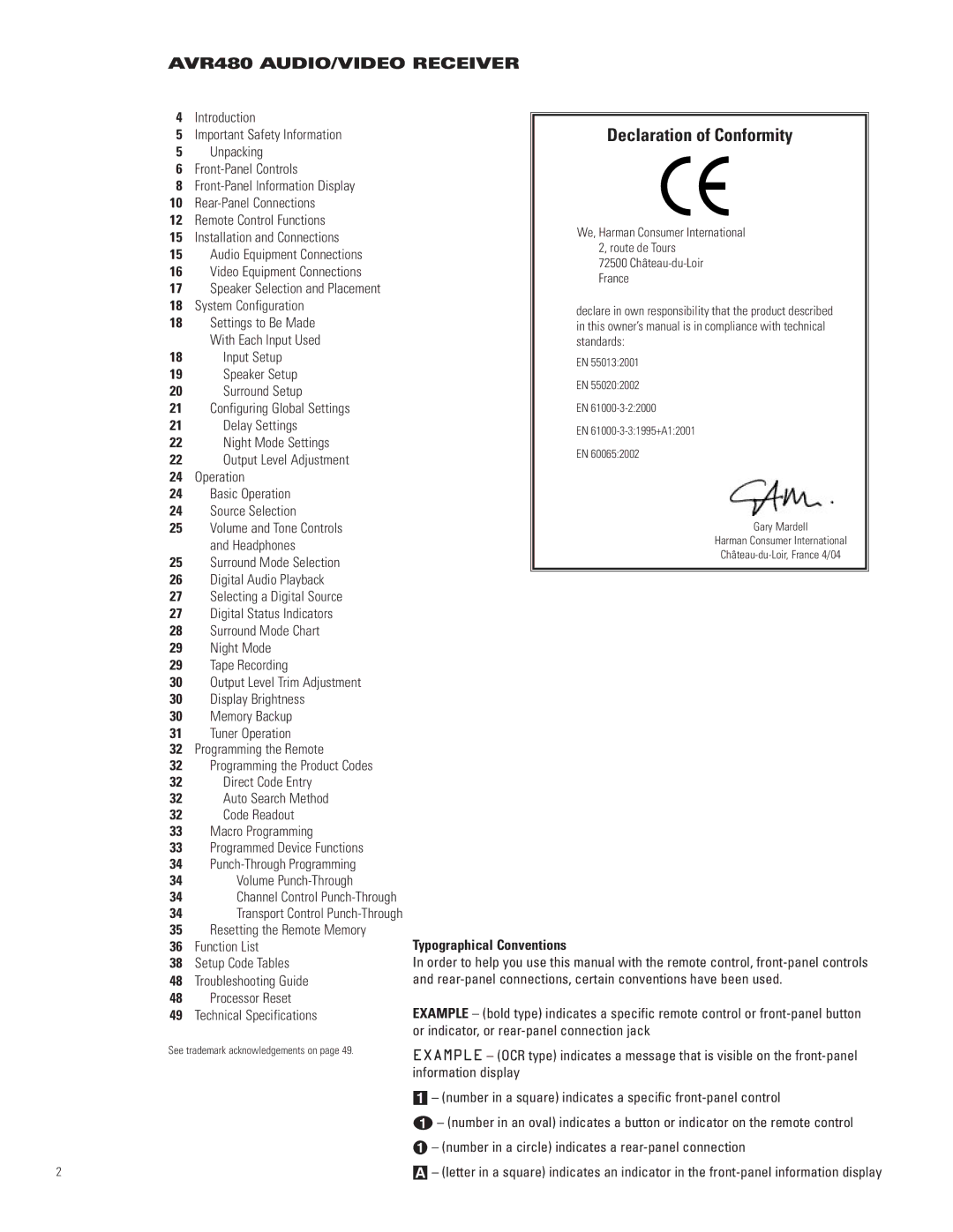 JBL manual Declaration of Conformity, AVR480 AUDIO/VIDEO Receiver, Introduction, Important Safety Information 