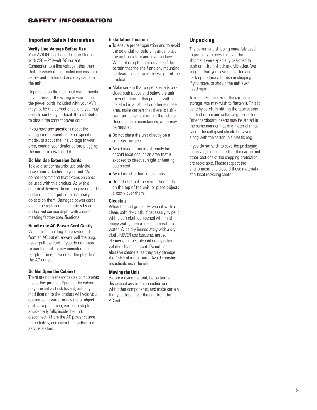 JBL AVR480 manual Important Safety Information, Unpacking 