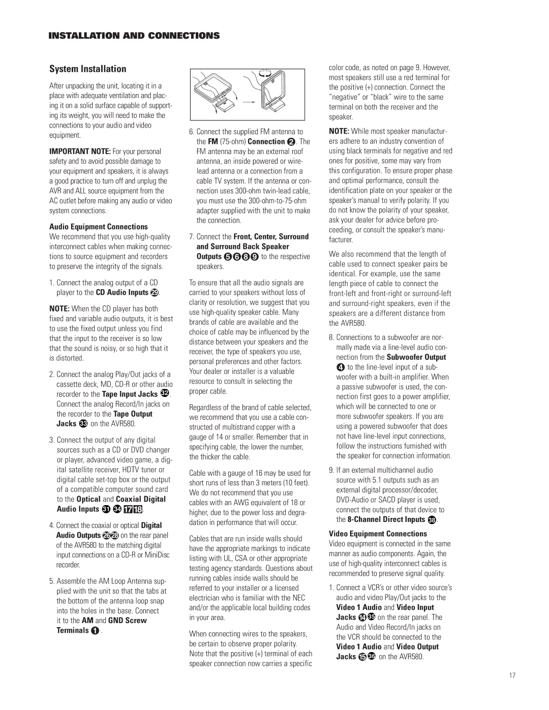 JBL AVR580 System Installation, Installation and Connections, Audio Equipment Connections, Video Equipment Connections 