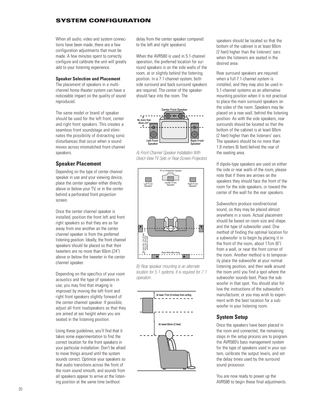 JBL AVR580 manual Speaker Placement, System Setup, System Configuration, Speaker Selection and Placement 