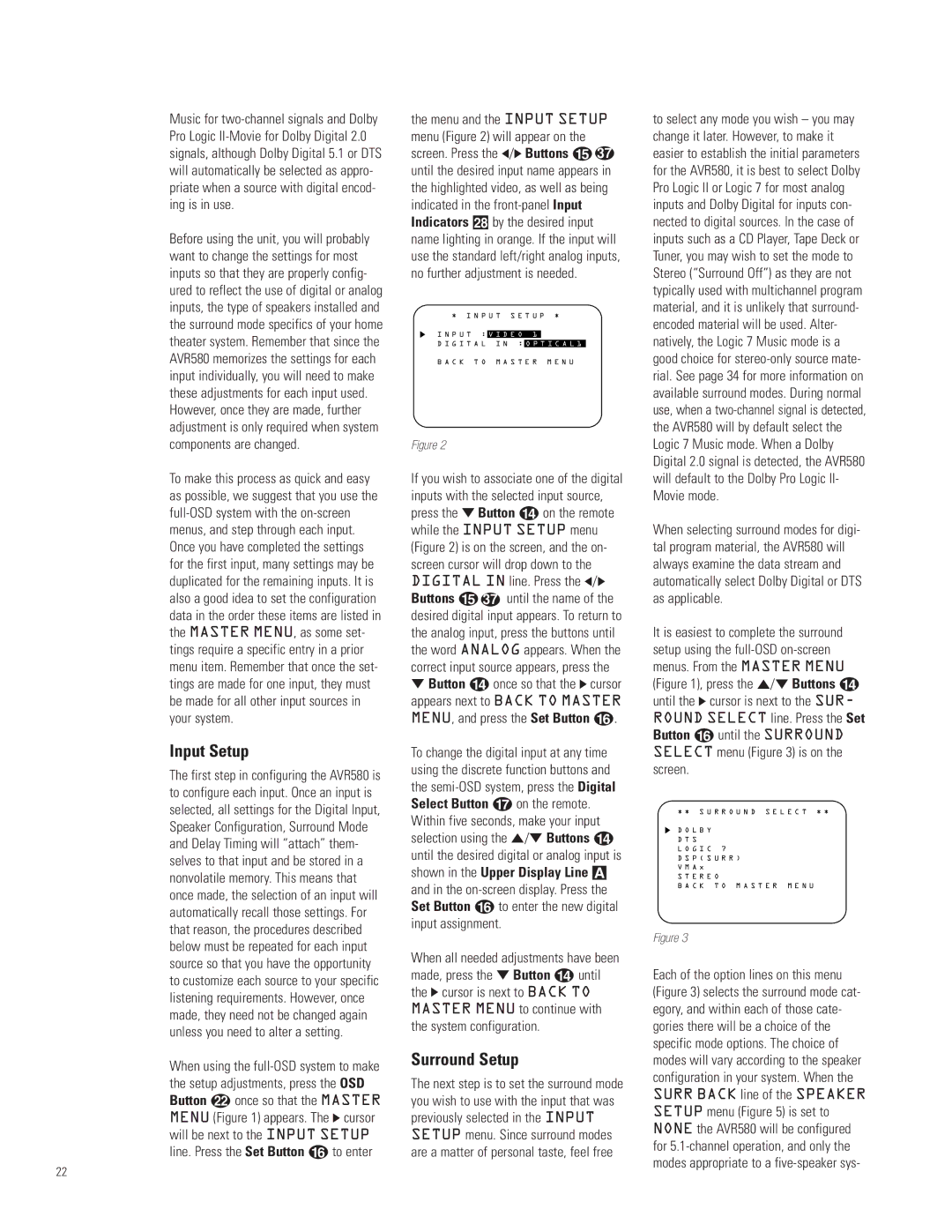 JBL AVR580 manual Input Setup, Surround Setup 