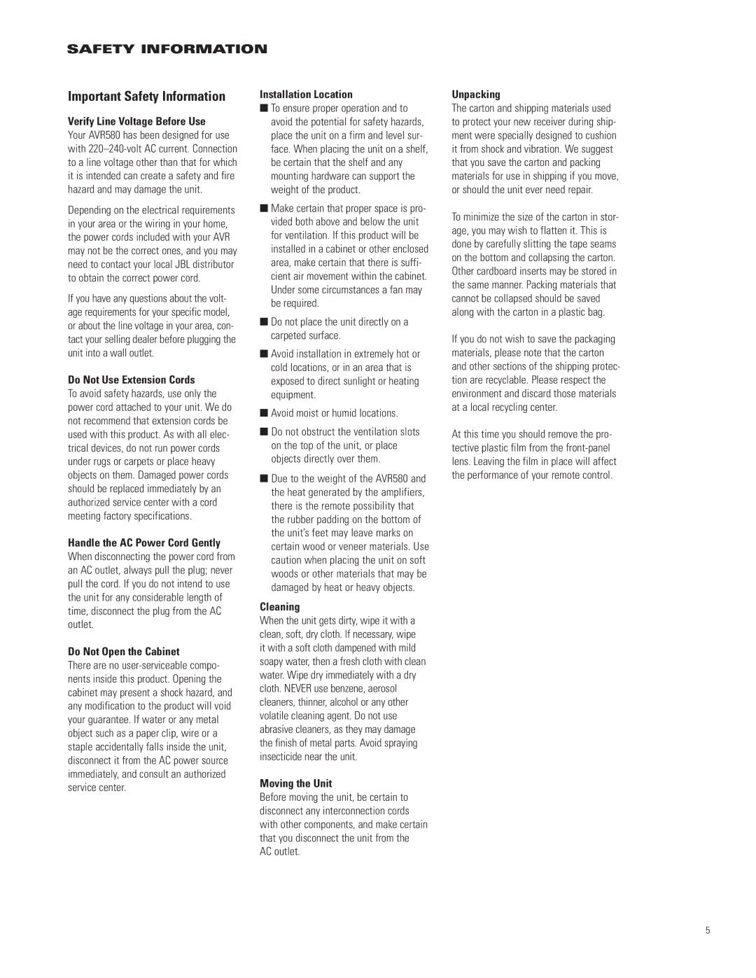 JBL AVR580 manual Important Safety Information 