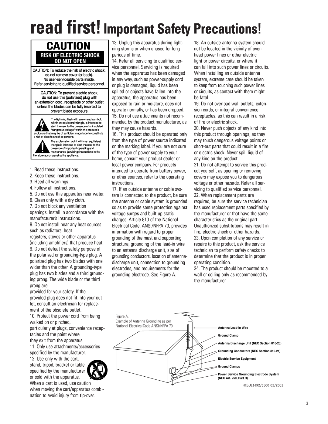 JBL AVR580 manual read first! Important Safety Precautions, Do Not Open, Risk Of Electric Shock 