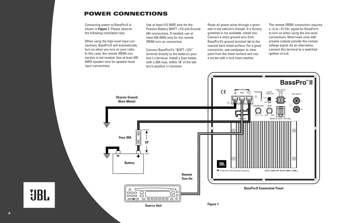 JBL BassProTM II warranty Right-side panel, Power Connections 