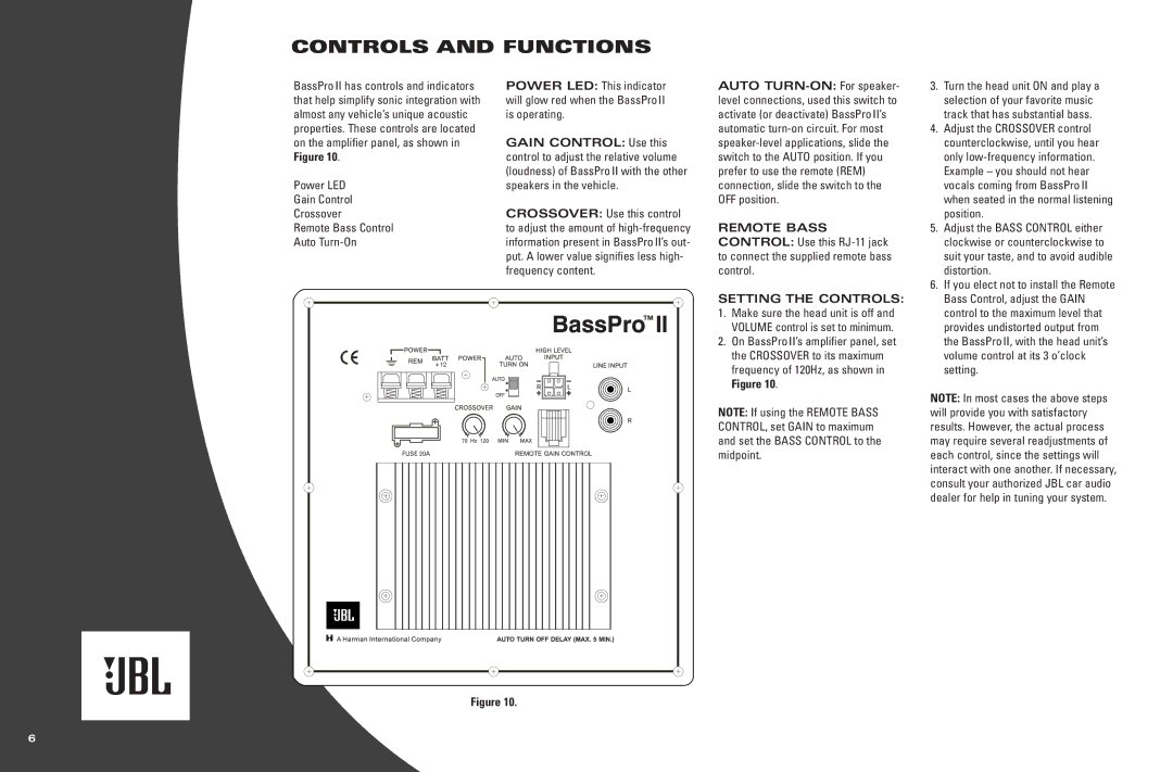 JBL BassProTM II warranty Controls and Functions, Setting the Controls 