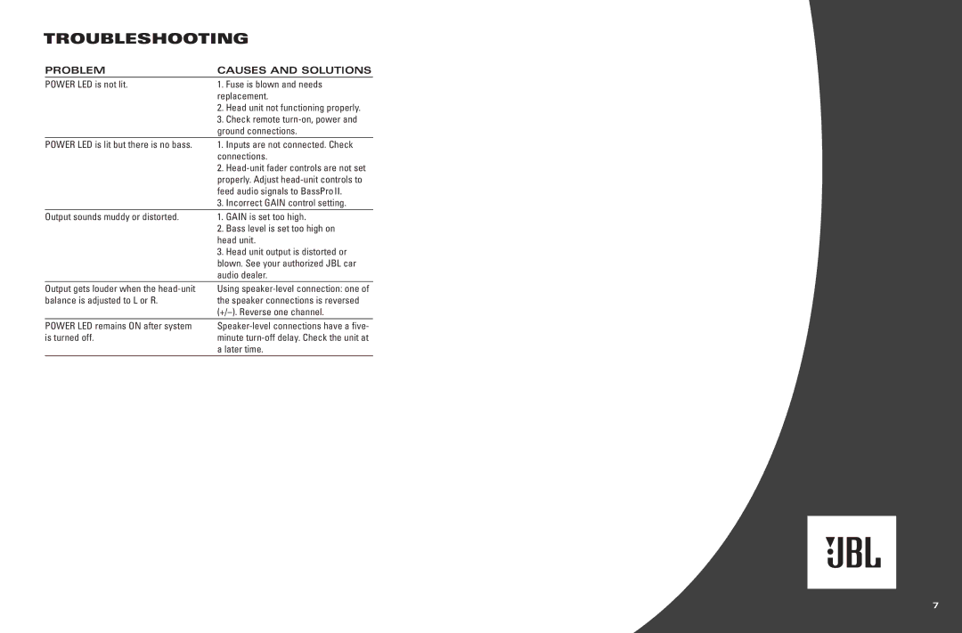 JBL BassProTM II warranty Troubleshooting, Problem Causes and Solutions 