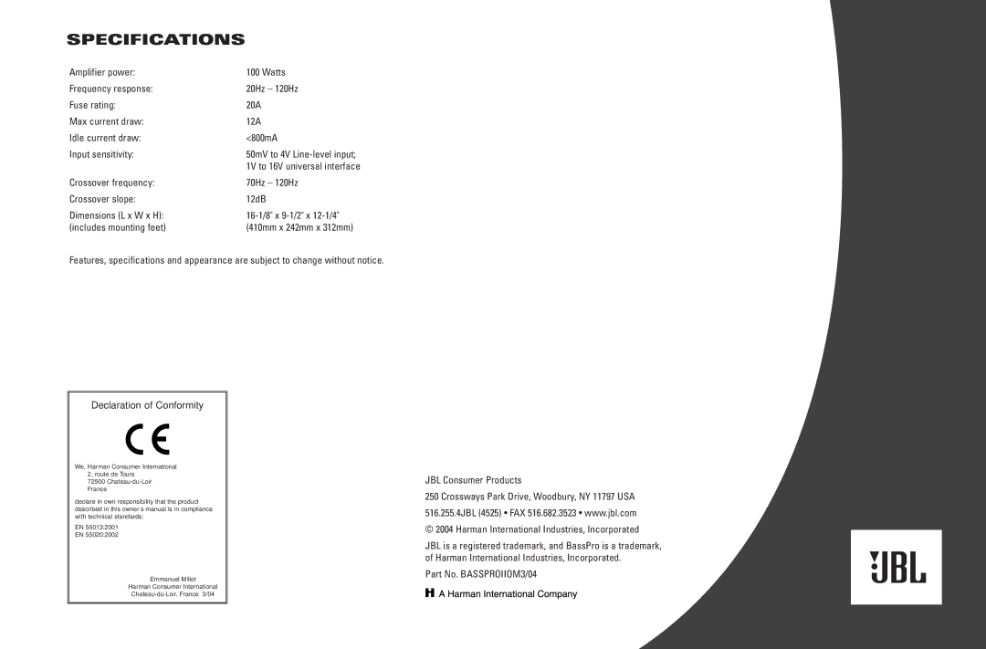 JBL BassProTM II warranty Specifications 