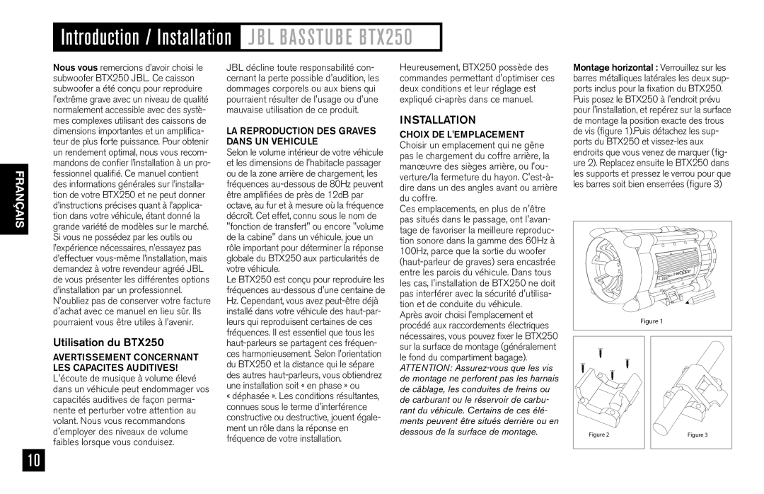 JBL owner manual Français, Utilisation du BTX250 