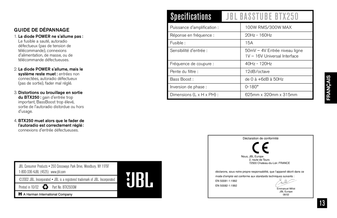 JBL BTX250 owner manual Guide DE Dépannage, Déclaration de conformité 