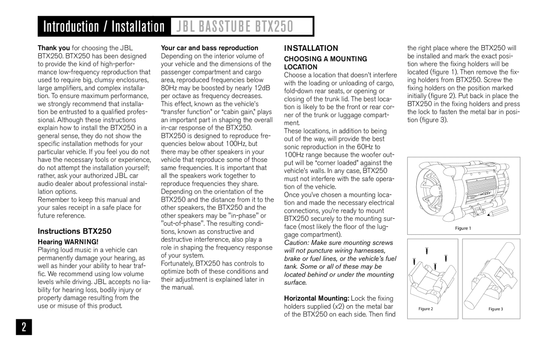 JBL owner manual Introduction / Installation J B L Basstu B E BTX250, Instructions BTX250, Hearing Warning 