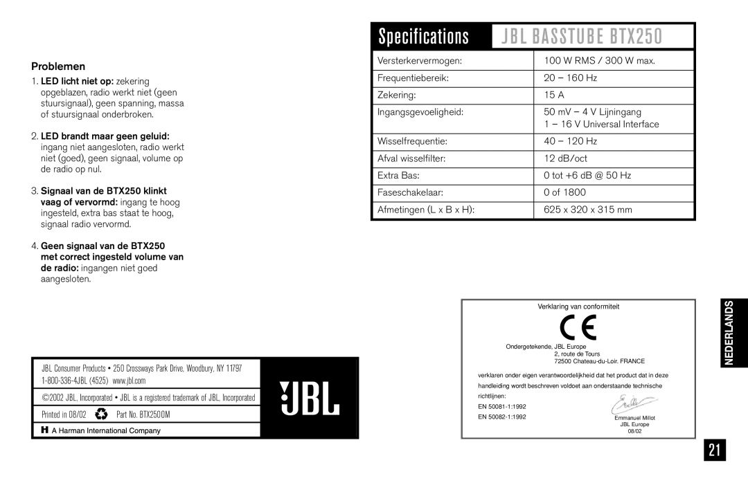 JBL BTX250 owner manual Problemen, Verklaring van conformiteit 